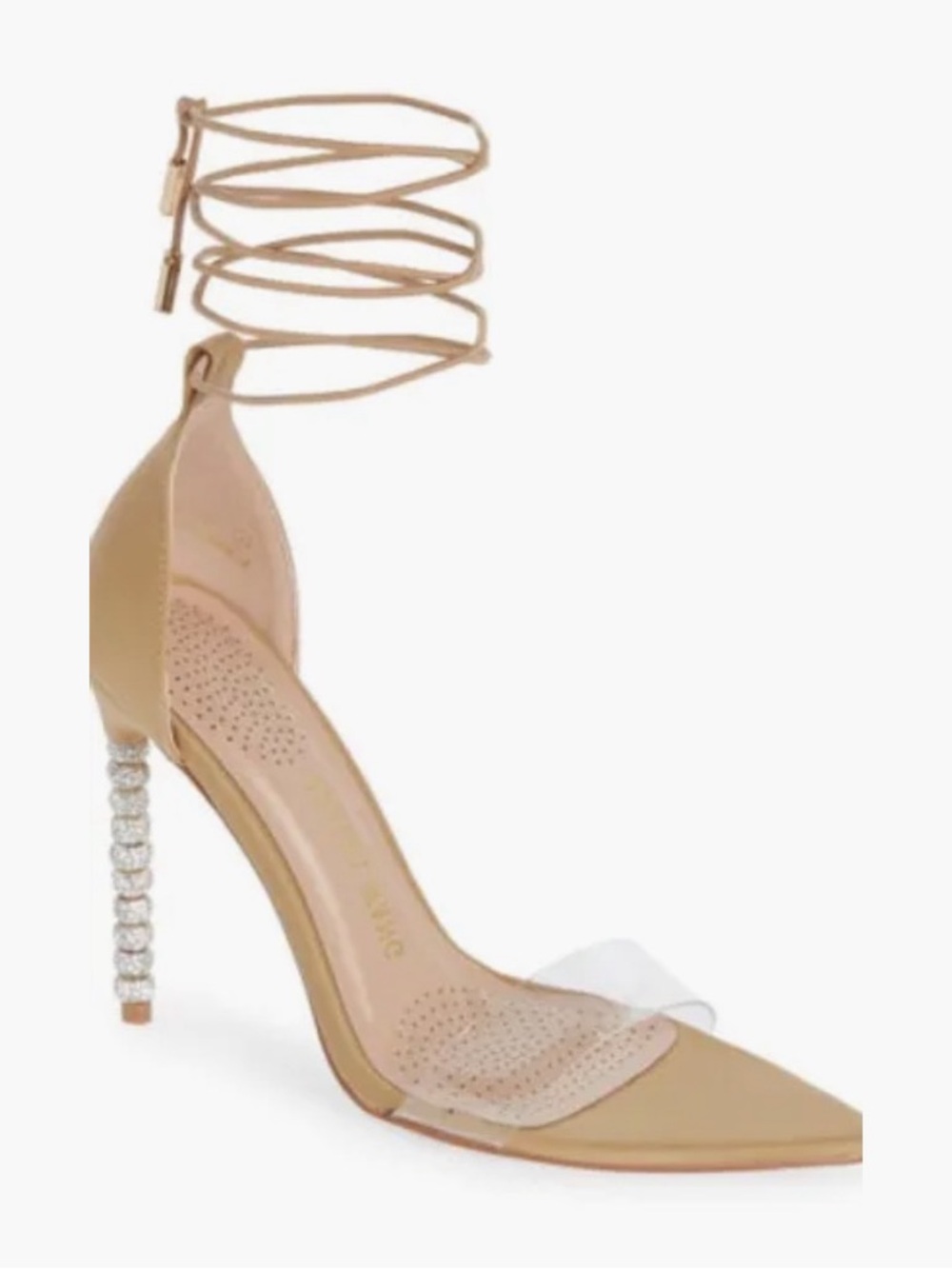 Nude Ankle-Tie Pointed-Toe Pump with Crystal Stiletto Heel